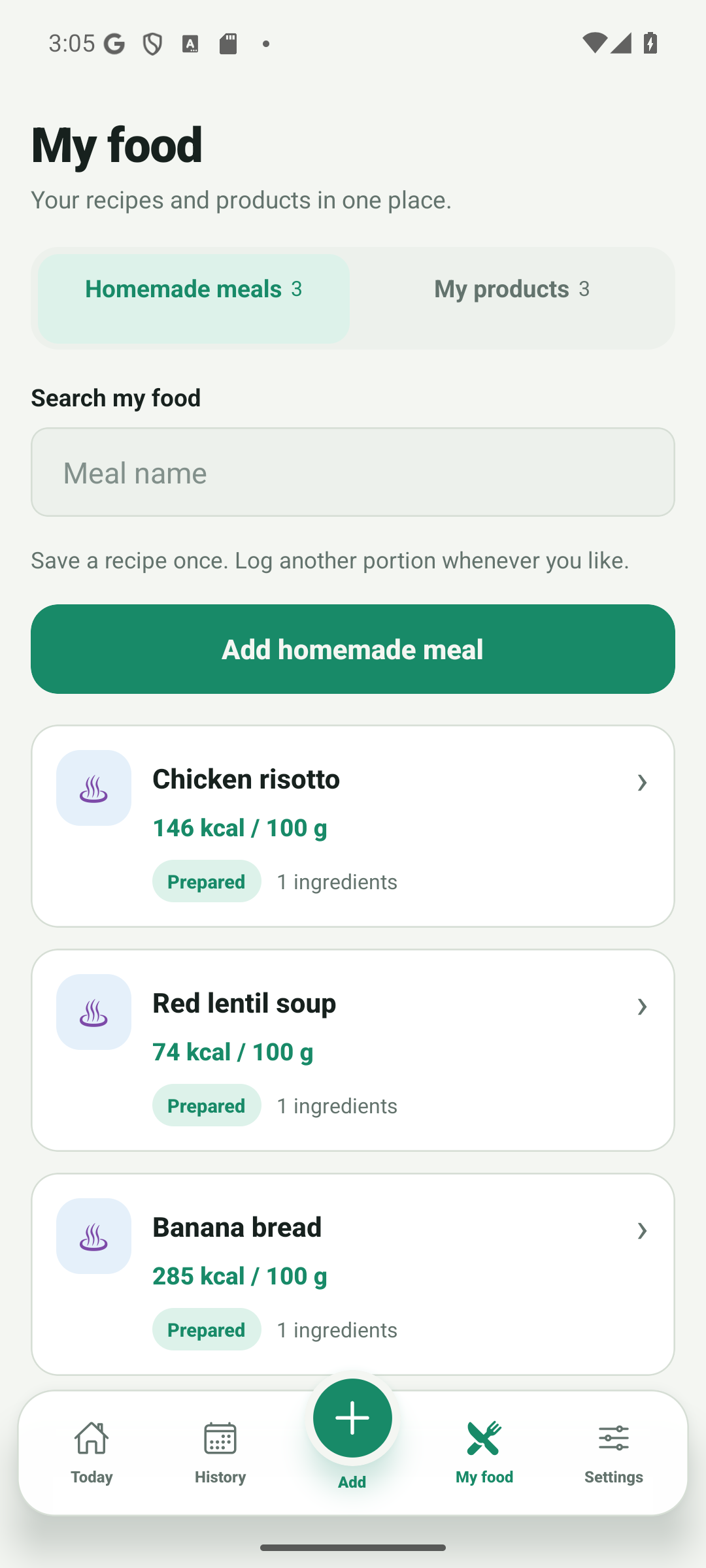 My food screen with saved homemade recipes