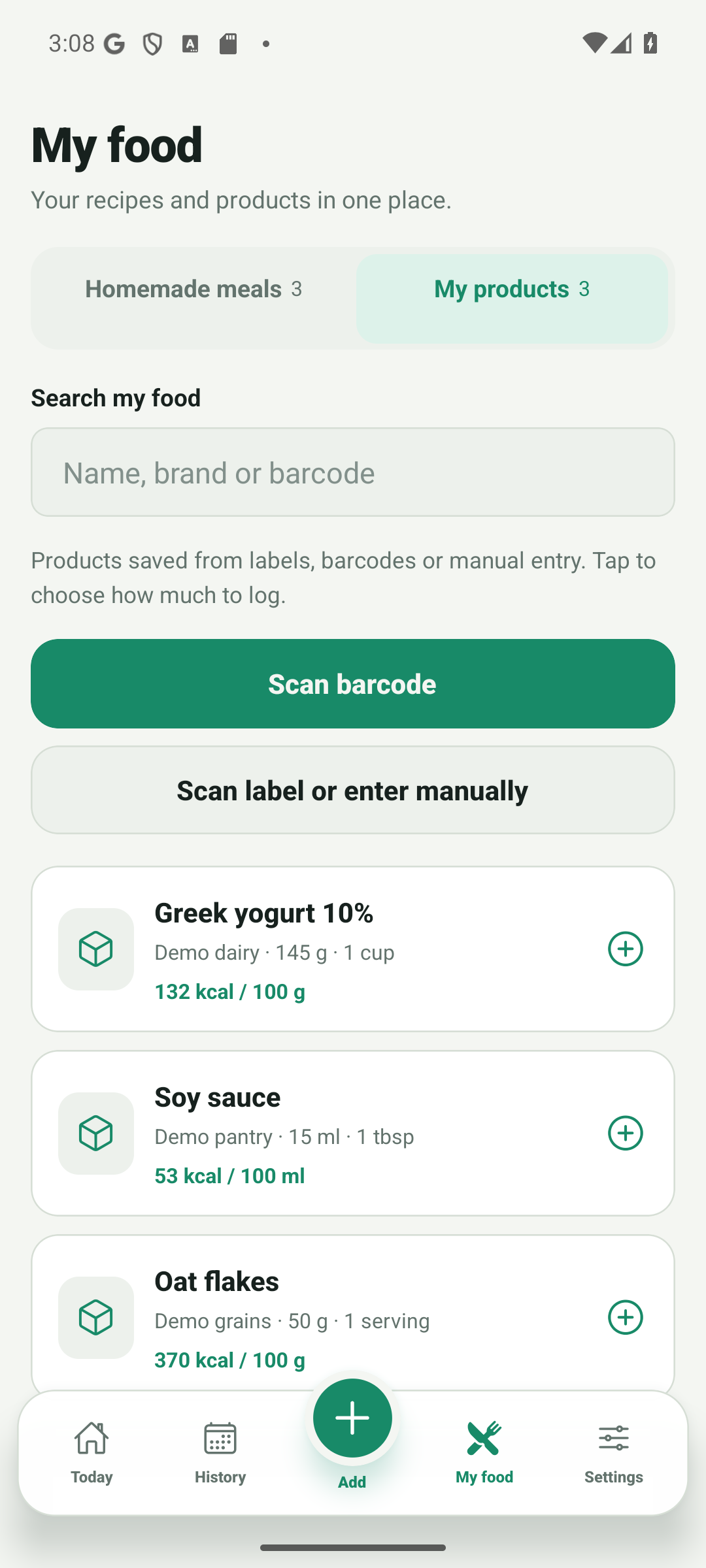My products screen with a barcode scan action