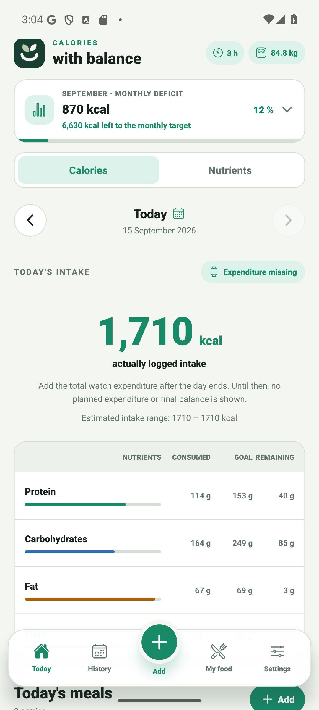 Real NouriBud screen showing today's intake, nutrients and a notice that expenditure is missing